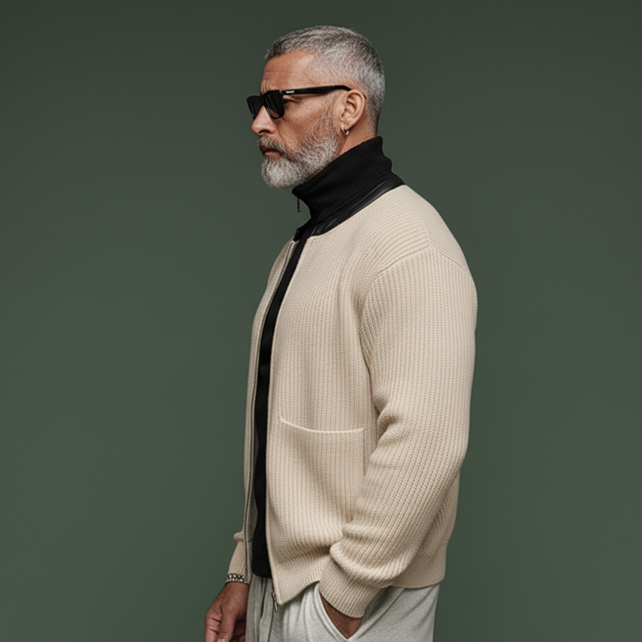 Men's Classic Casual PU Leather Collar Zip-up Knit Cardigan MTA0390K2K