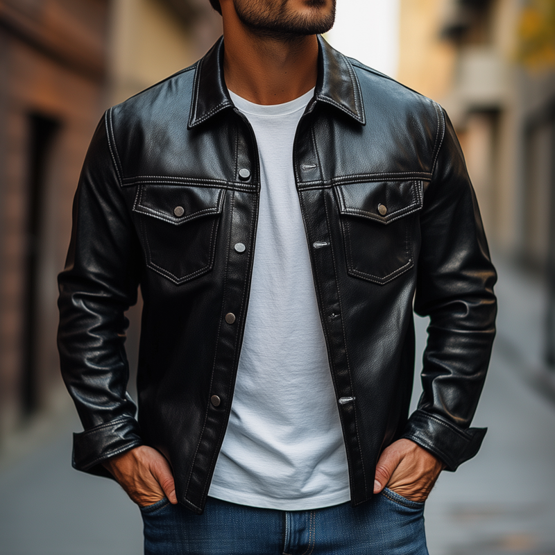 Men's Vintage Solid Color PU Lapel Flap Chest Pocket Loose Long Sleeve Shirt Jacket MTA1893H9M