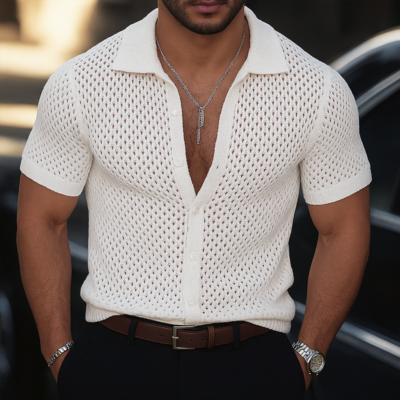 Men's Solid Hollow Knit Lapel Short Sleeve Shirt MTA2335F5Z