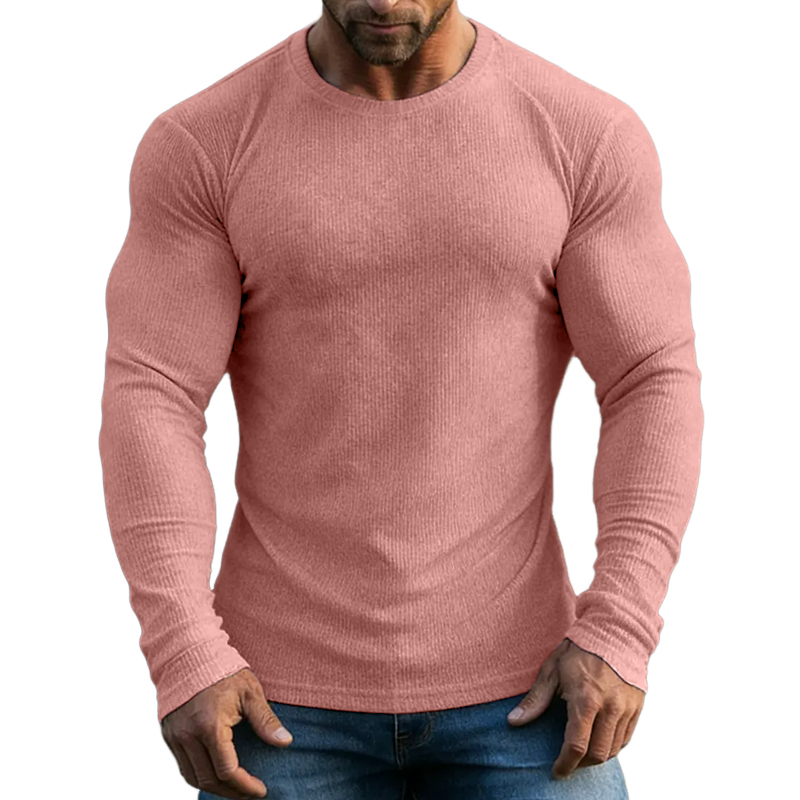 Men's Retro Casual Solid Color Ribbed Crew Neck Long Sleeve T-Shirt MTZ1191B9TO