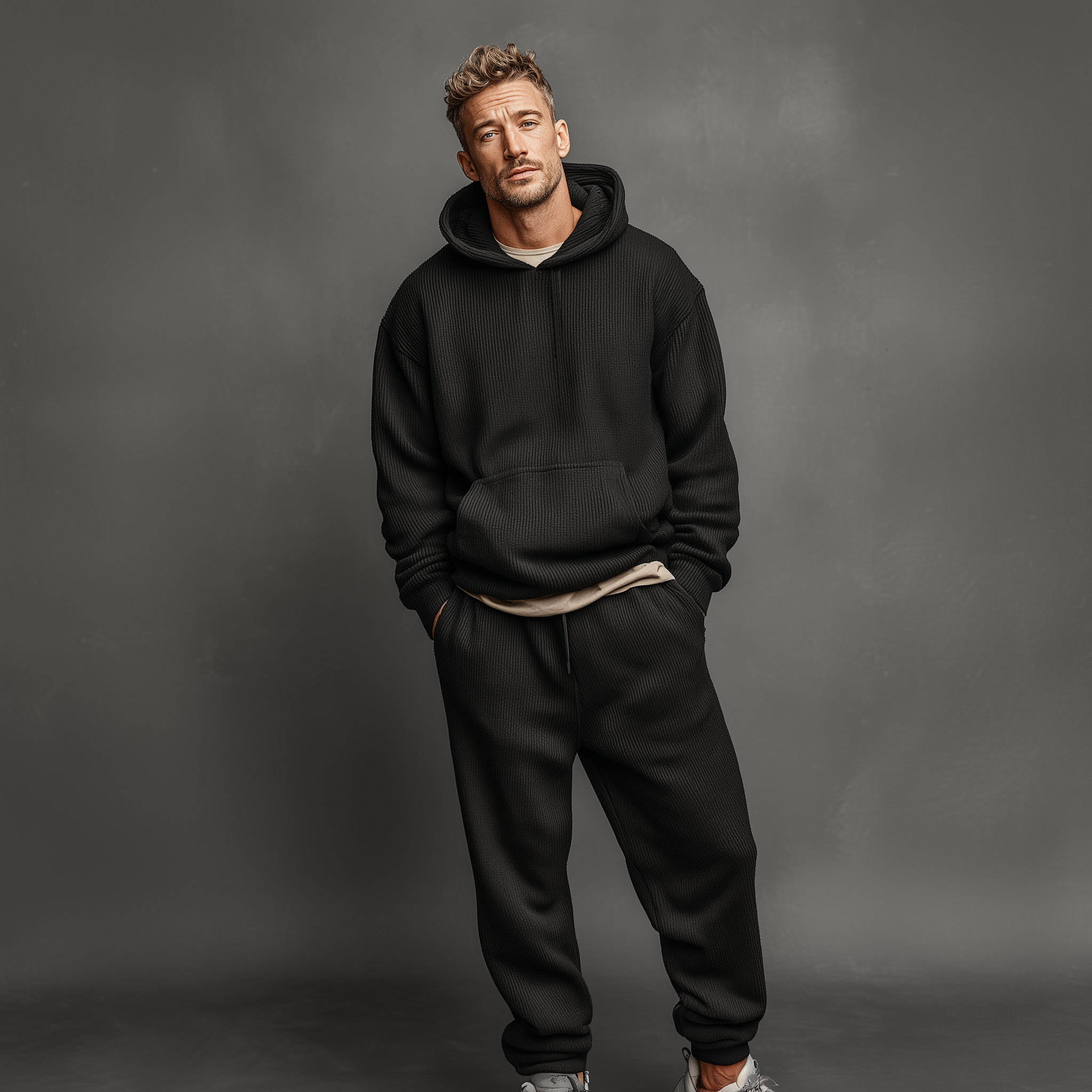 Men's Classic Casual Striped Knit Hooded Sweatshirt Elastic Waist Pants Set MTA1541J0K