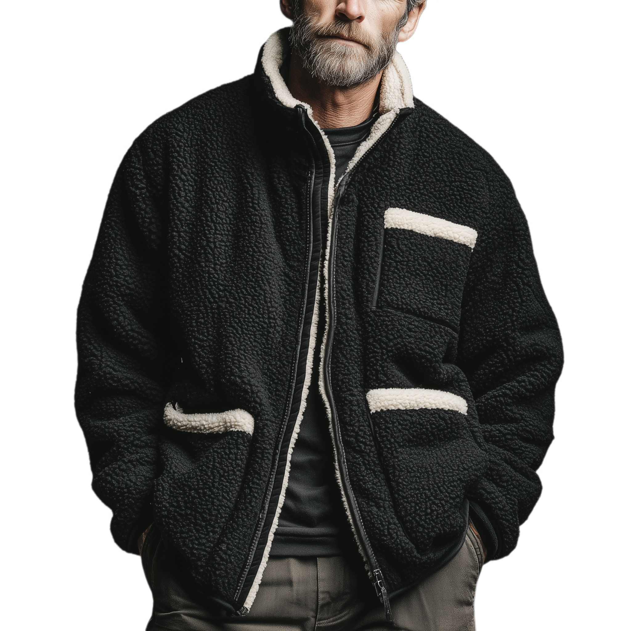 Men's Classic Casual Stand-up Collar Multi-pocket Teddy Fleece Jacket MTA2039J5K