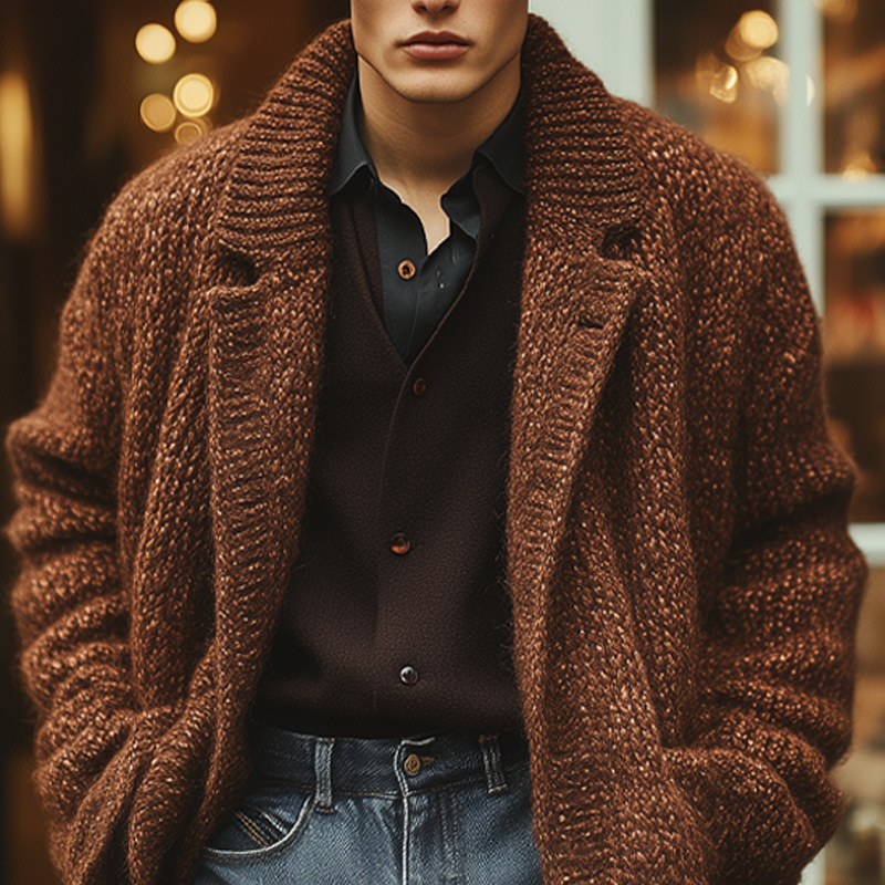 Men's Retro Mottled Collar Thick Knit Cardigan MTA0548K9X