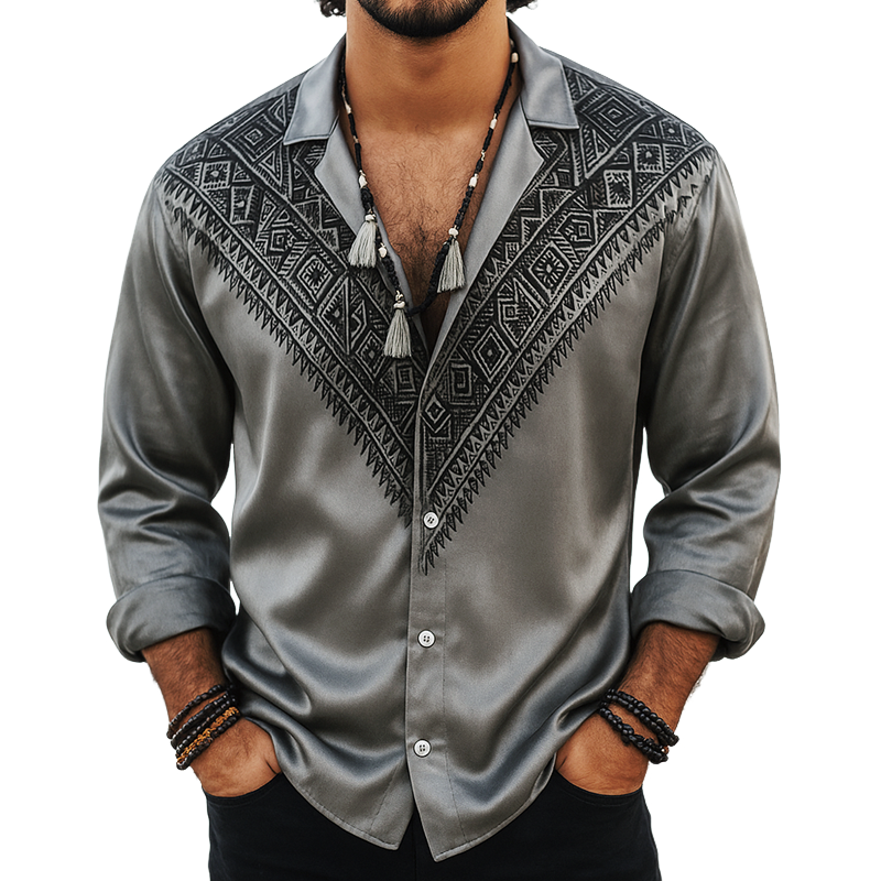 Men's Ethnic Print Satin Lapel Long Sleeve Shirt MTA0207H3Z