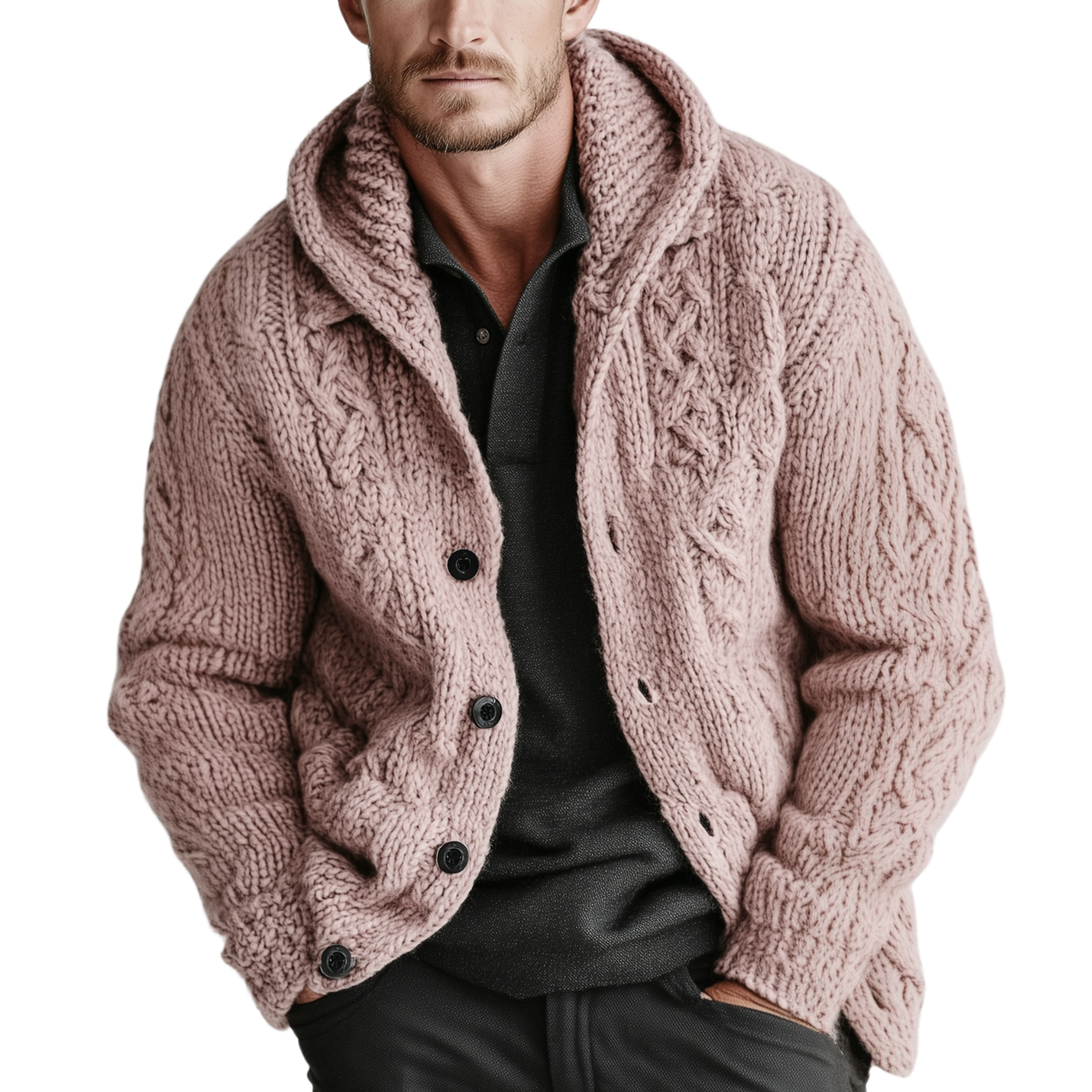 Men's Classic Casual Hooded Single-breasted Pink Jacquard Knit Cardigan MTA1912I8K