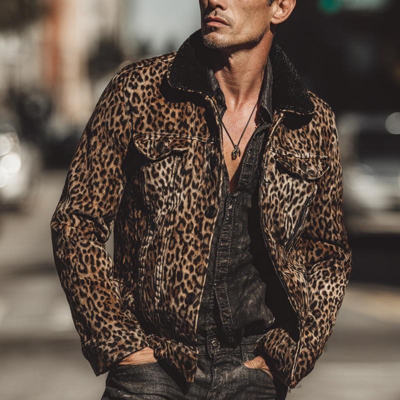 Men's Leopard Print Patchwork Solid Color Jacket MTA1490H3X