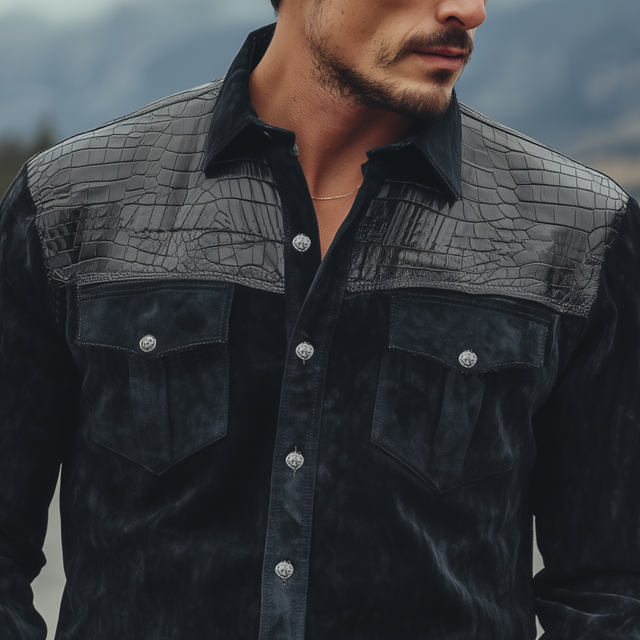 Men's Classic Retro Western Cowboy Style Suede And Textured Leather Long-sleeved Shirt MTA0775H8K