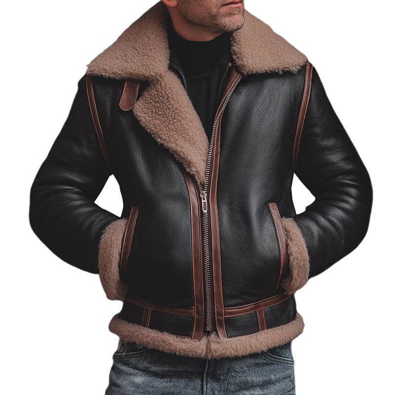 Men's Retro Casual Faux Leather Warm Fur Lapel Jacket MTA0994I3TO