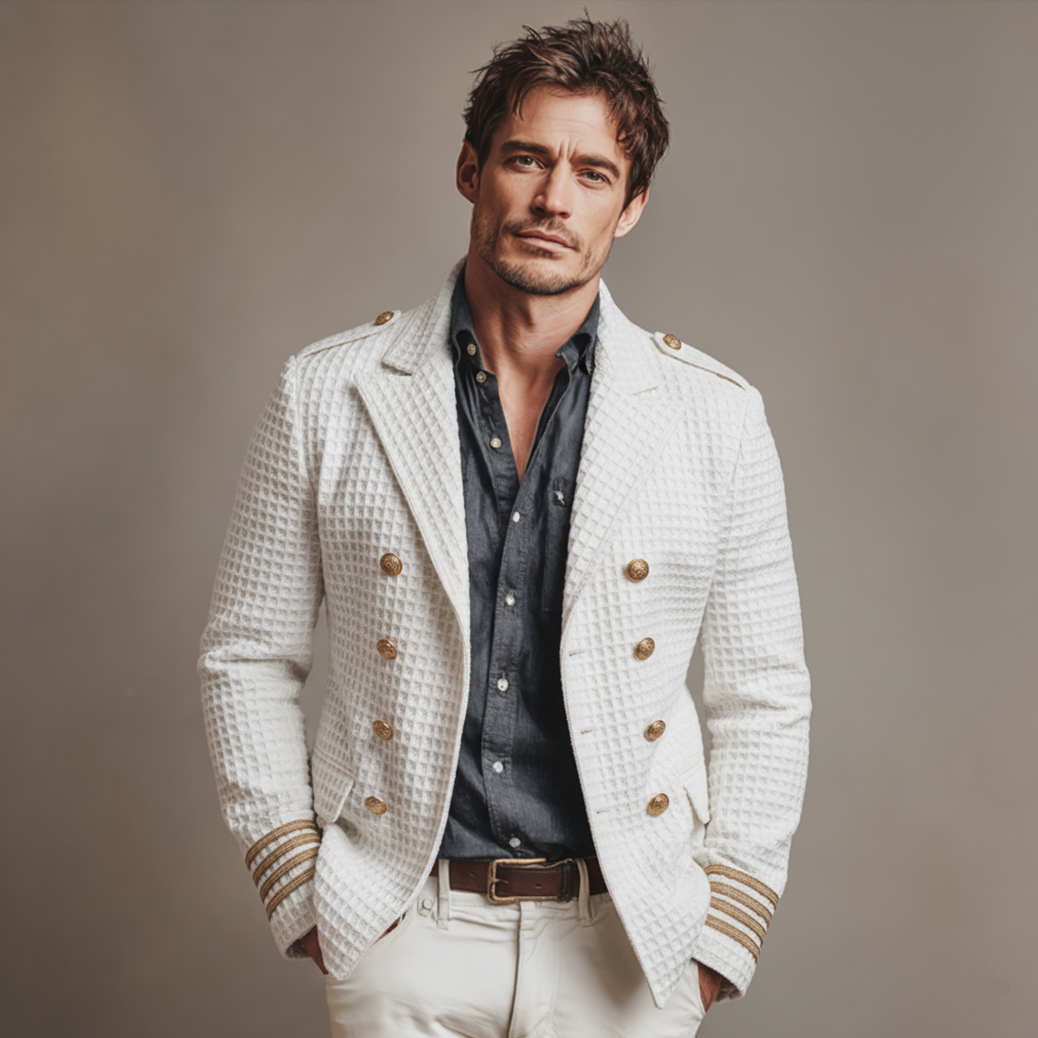 Men's Classic Casual Waffle Epaulette Lapel Double Breasted Jacket MTA2739J5K