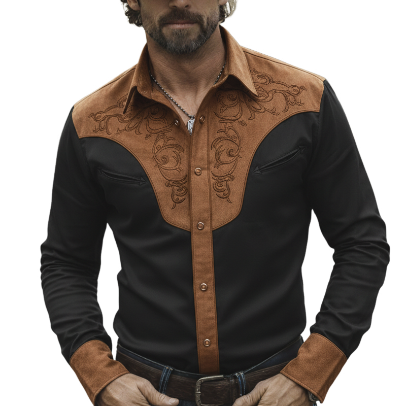 Men's Western-style Twill Cotton And Faux Suede Patchwork Embroidered Long-sleeved Shirt MTZ1318A5U