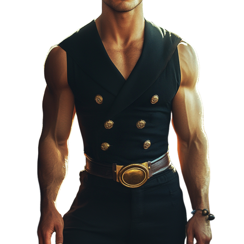 Men's Retro Casual Stretch Slim Fit Solid Color Double Breasted Lapel Sleeveless Shirt MTA0948E8TO