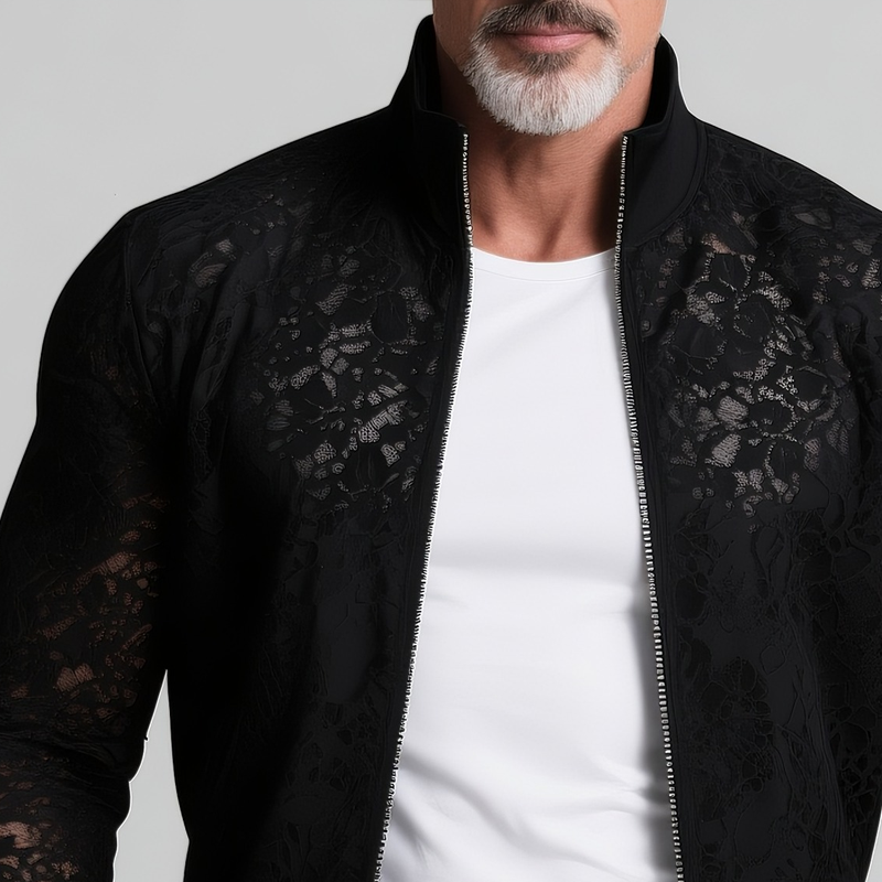 Men's Solid Lace Stand Collar Zipper Slim Jacket MTA2830G2Z