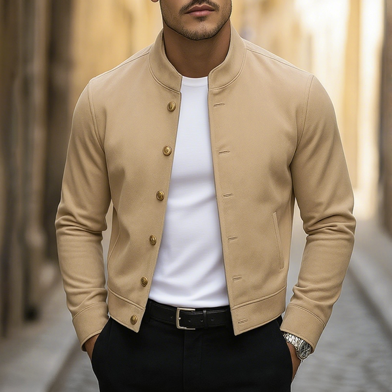 Men's Gold Metal Single Breasted Stand Collar Short Casual Jacket MTA1990G1Z