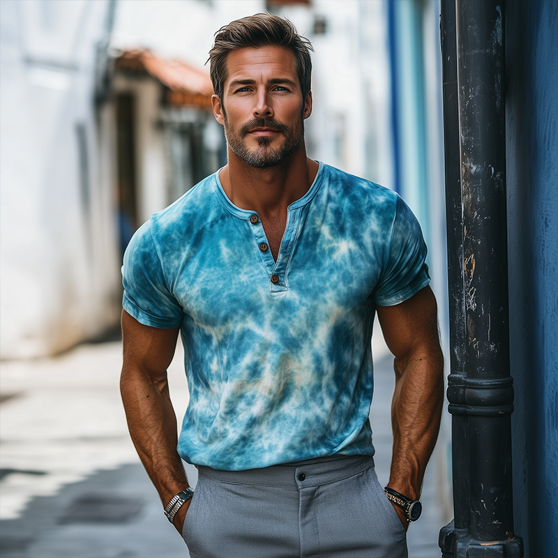 Men's Retro Casual Gradient Print Henley Neck Short Sleeve T-Shirt MTA0156G4TO