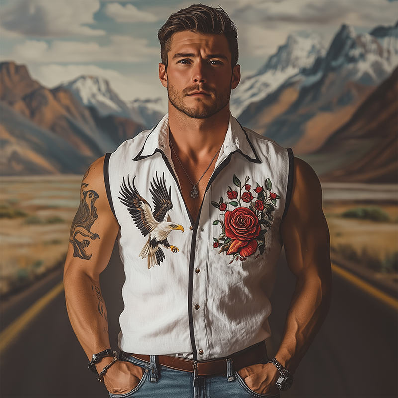 Men's Summer Fashion Retro Western Style Rose and Eagle Embroidery Cotton Linen Sleeveless Shirt MTA2980D5K