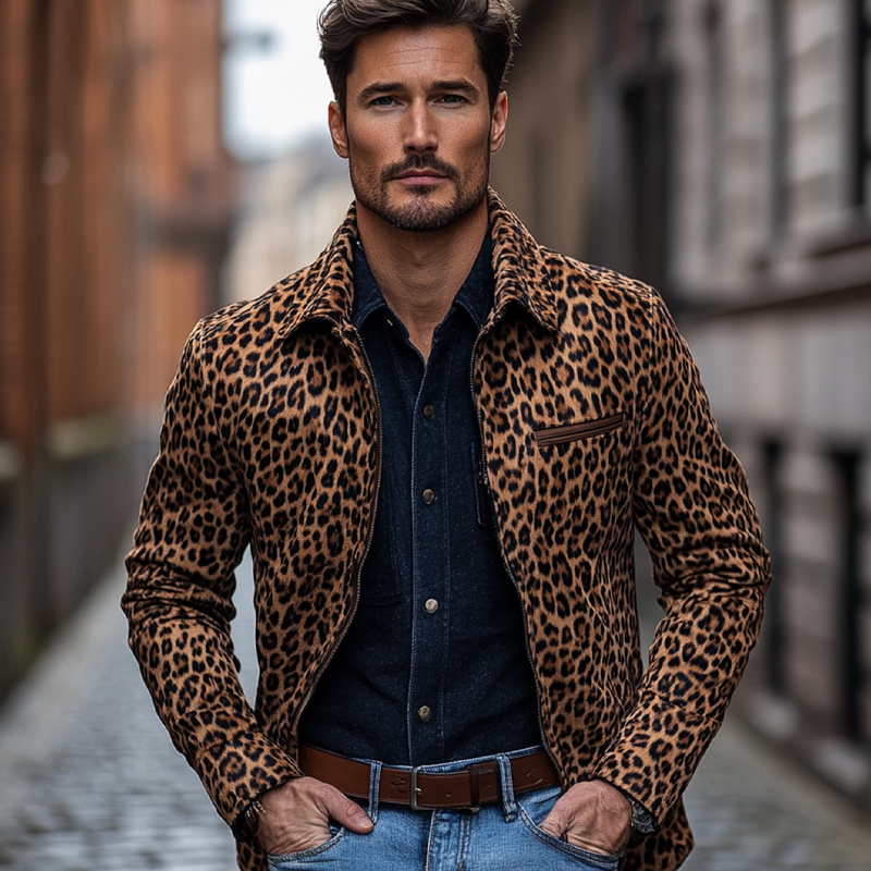 Men's Vintage Leopard Print Lapel Faux Suede Jacket MTA0118I5X