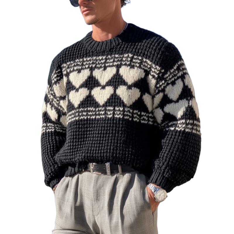 Men's Vintage Heart Jacquard Breathable Knitted Round Neck Loose Pullover Sweater MTA2844H8M