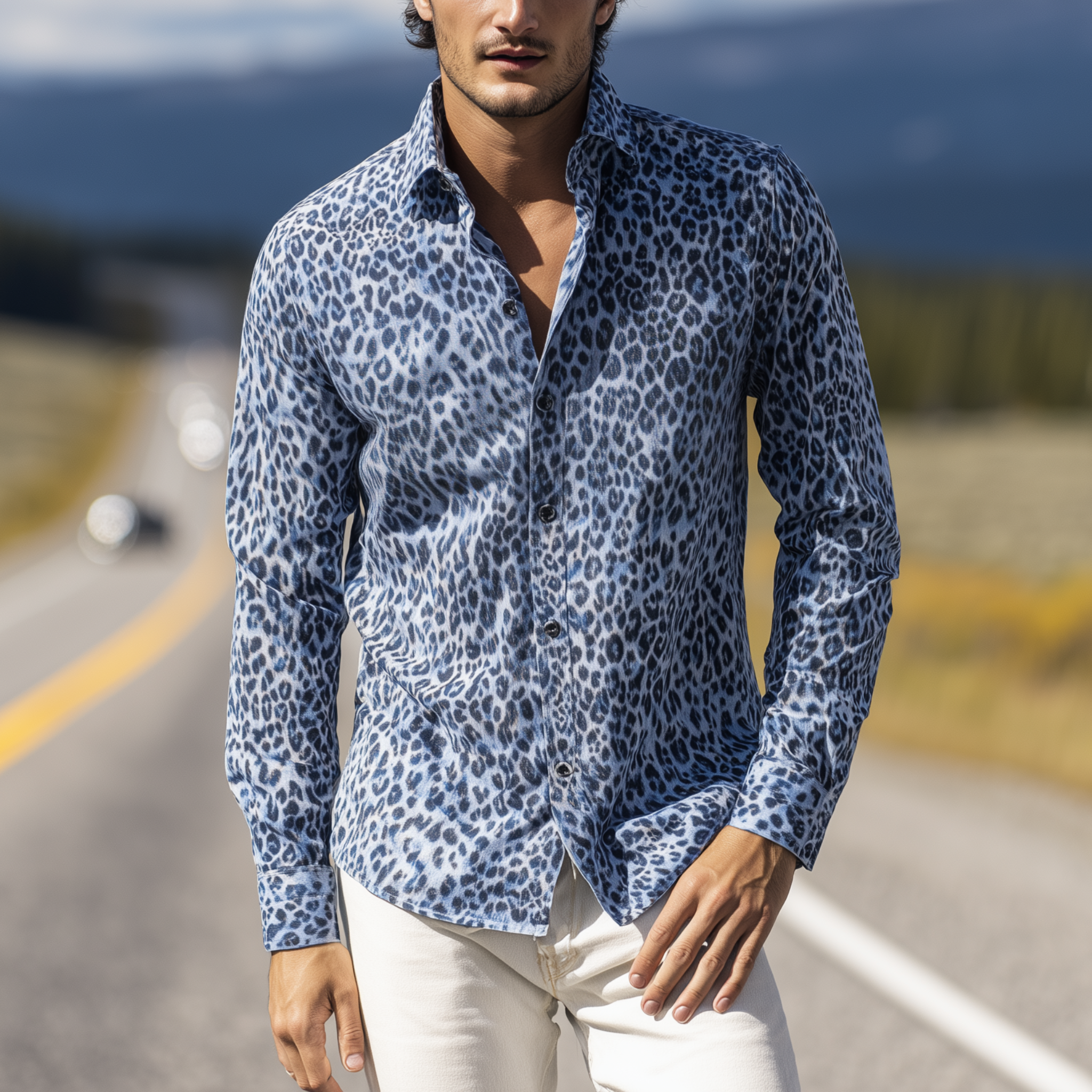 Men's Classic Casual Leopard Print Cotton Blend Slim Fit Long Sleeve Shirt MTA0766H5K