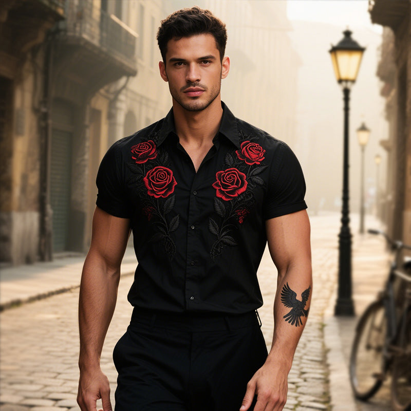 Men's Retro Casual Rose Knight Embroidered Lapel Short Sleeve Shirt MTA2967E7TO