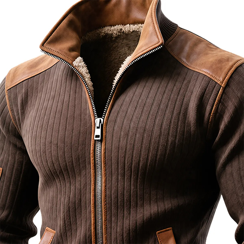Men's Casual Knitted Stitching PU Lapel Zipper Jacket MTA0931J3X