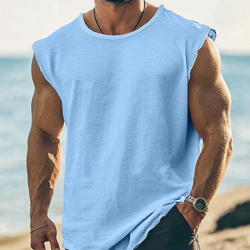 Men's Solid Color Round Neck Cotton Blend Sleeveless T-Shirt MTA2112G0X