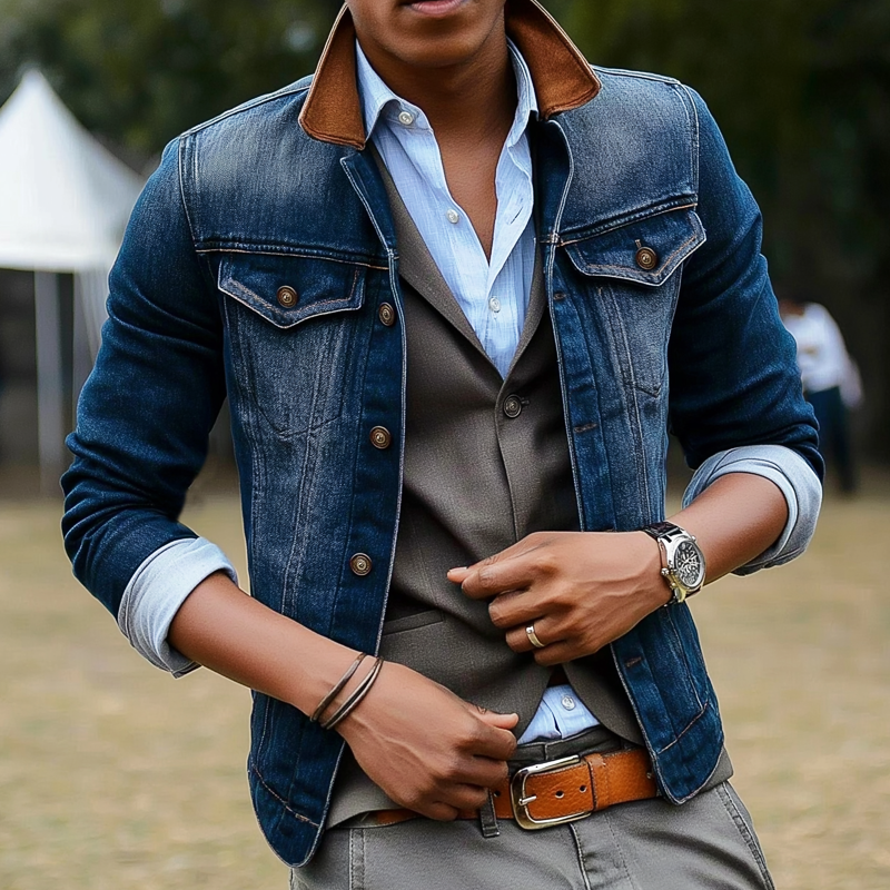 Men's Classic Washed Blue Colorblock Collar Denim Jacket MTA2980H2U