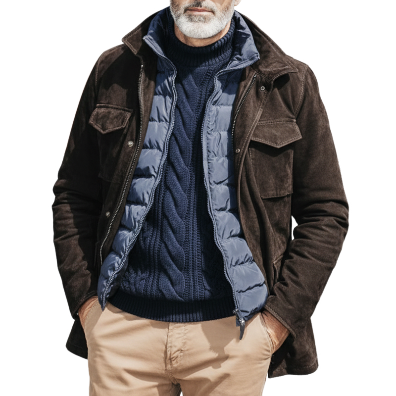 Men's Classic Dark Brown Lapel Zip-up Suede Jacket MTA1833K7U