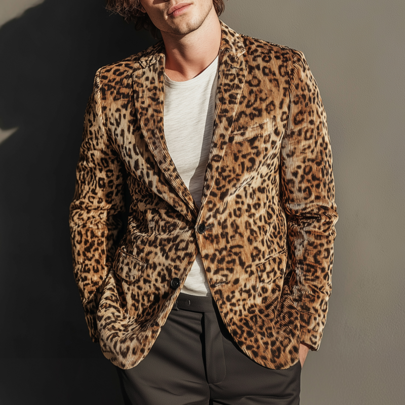 Men's Stylish Vintage Leopard Print Corduroy Notch Lapel Single-breasted Slim-fit Blazer MTA0796H0M