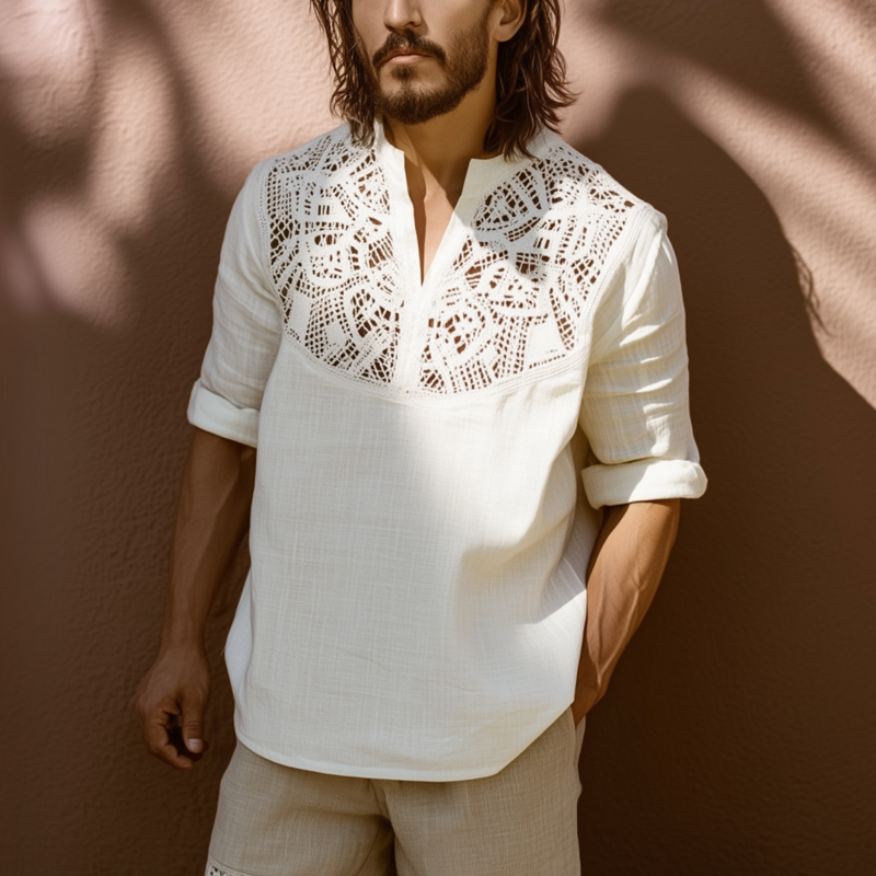 Men's Fashion Lace Patchwork Cotton Linen V-neck Hooded Loose Pullover Long Sleeve Shirt MTA2720F8M