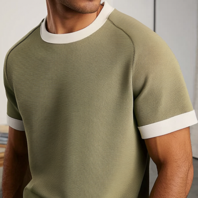 Men's Casual Contrast Color Round Neck Raglan Short Sleeve Slim Fit Knitted Sweater T-Shirt MTA1336E5M