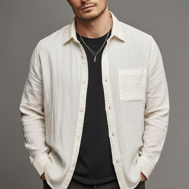 Men's Basic Solid Color Slightly Wrinkled Textured Casual Long-sleeved Shirt MTZ1677A2U