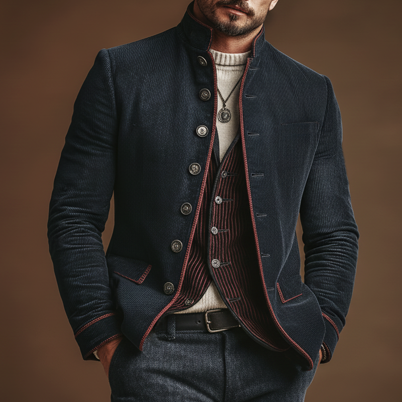 Men's Retro Stand Collar Corduroy Embroidered Lines Slim Fit Jacket
