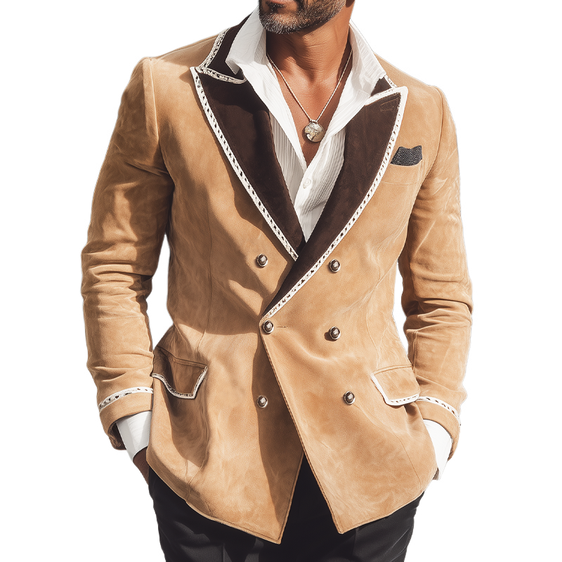 Men's Business Classic Colorblock Collar Double-breasted Sude Blazer MTA2534H7U
