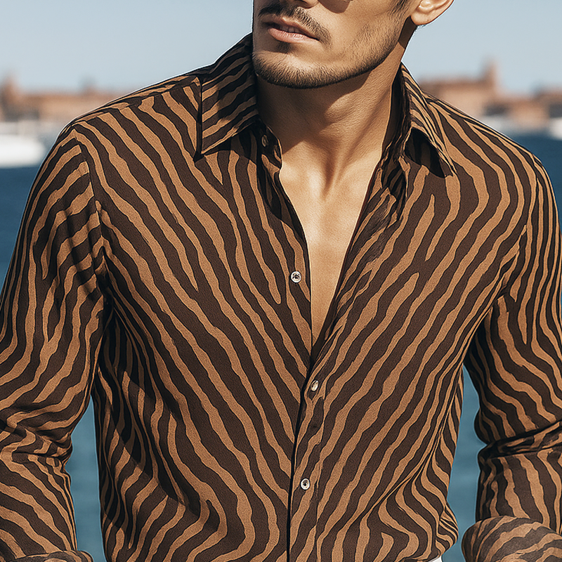 Men's Zebra Print Chiffon Lapel Long Sleeve Shirt MTA2116G6Z