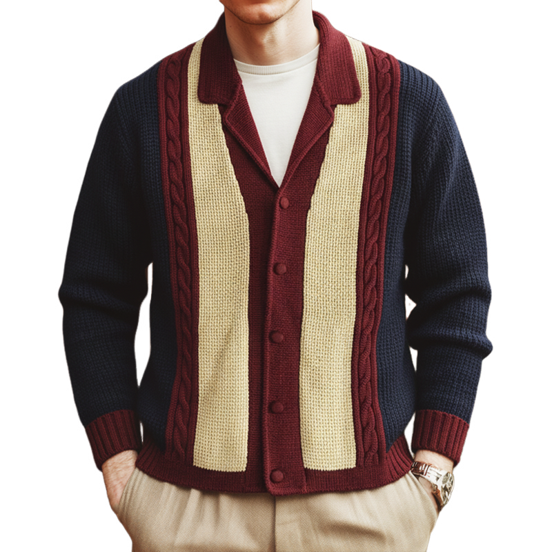 Men's Classic Lapel Colorblock Button Knit Cardigan MTA3043I1U