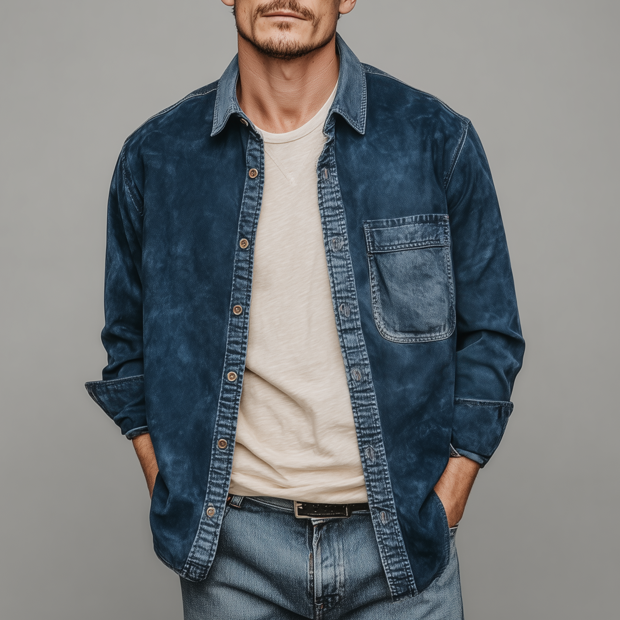 Men's Fashion Casual Thin Suede Splicing Denim Washed Long Sleeve Shirt MTA1901G0K