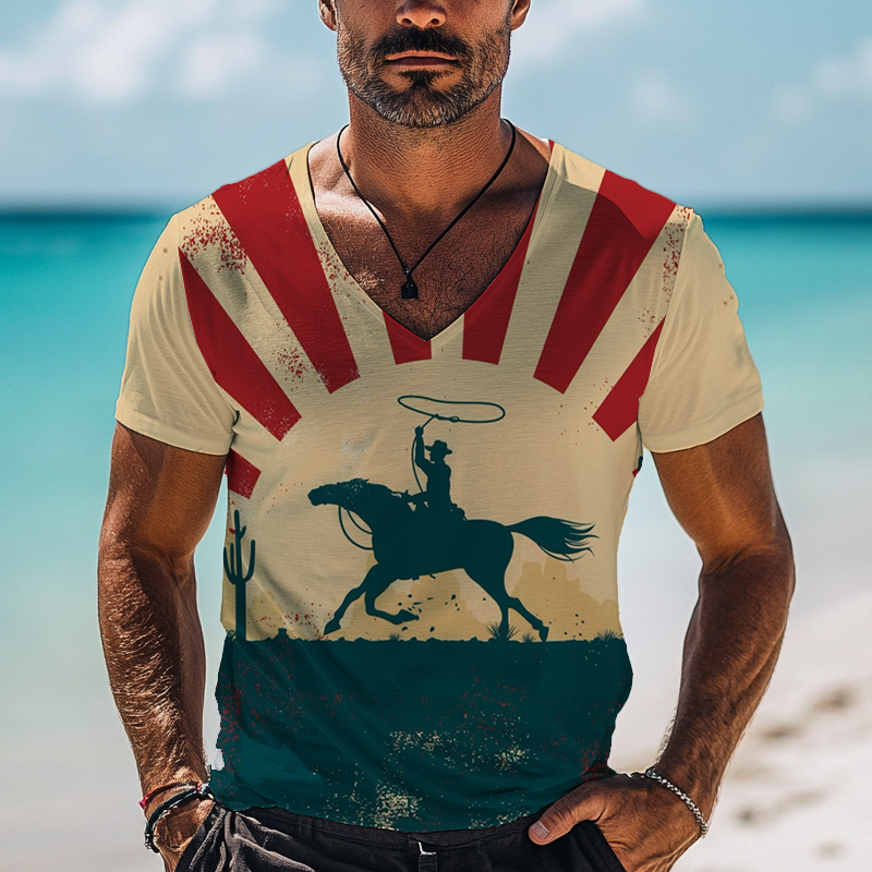 Herre t-skjorte med kort erme og V-hals i western cowboy-stil, trykk, MTA1383F4X