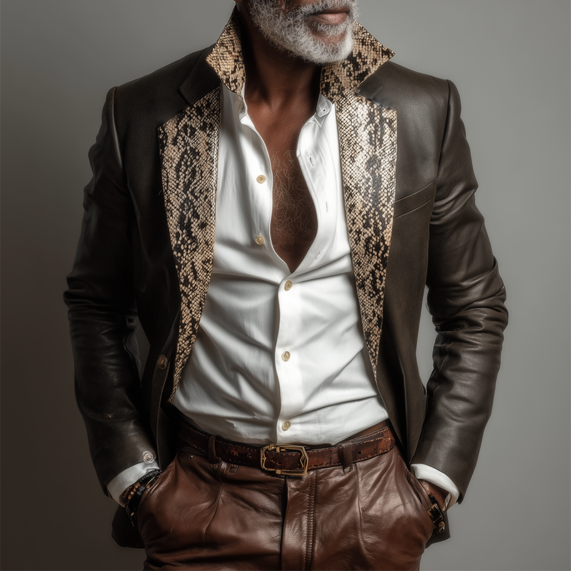 Men's Retro Casual Snakeskin Pattern PU Leather Blazer MTA0400I5TO