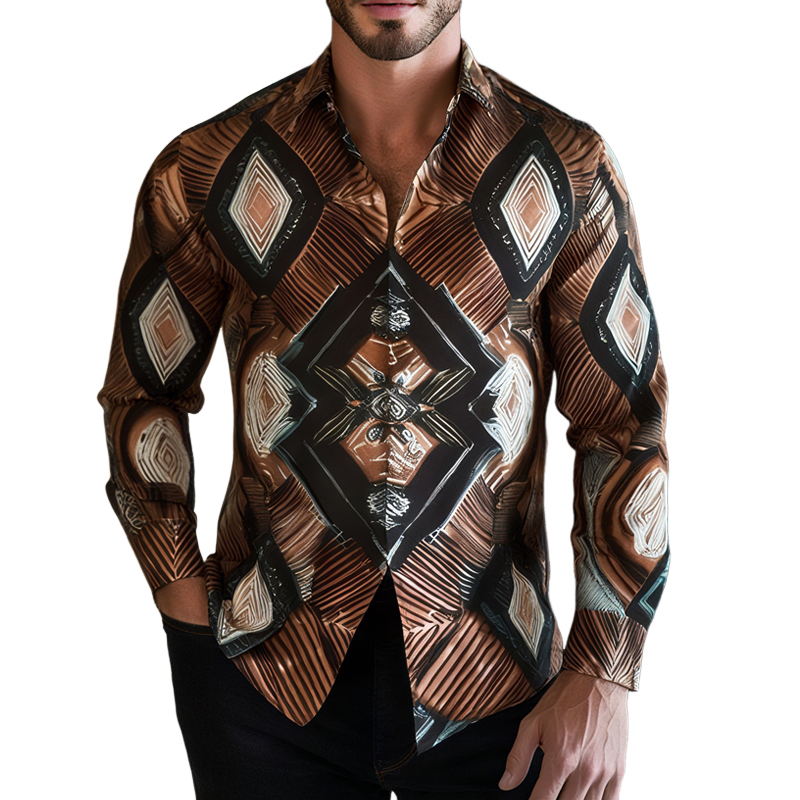 Men's Geometric Print Lapel Long Sleeve Shirt MTA2404G3Z