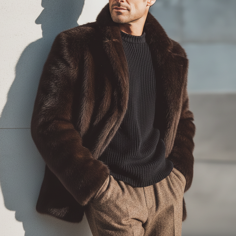 Men's Luxury Winter Warm Faux Mink Fur Concealed Buttons Jacket MTA2786K8U