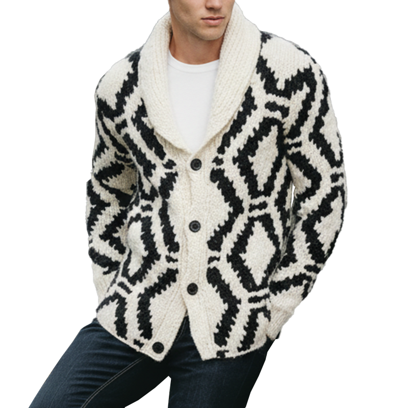 Men's Winter Simple Knitted Jacquard Shawl Collar Cotton Cardigan MTA1678J3P