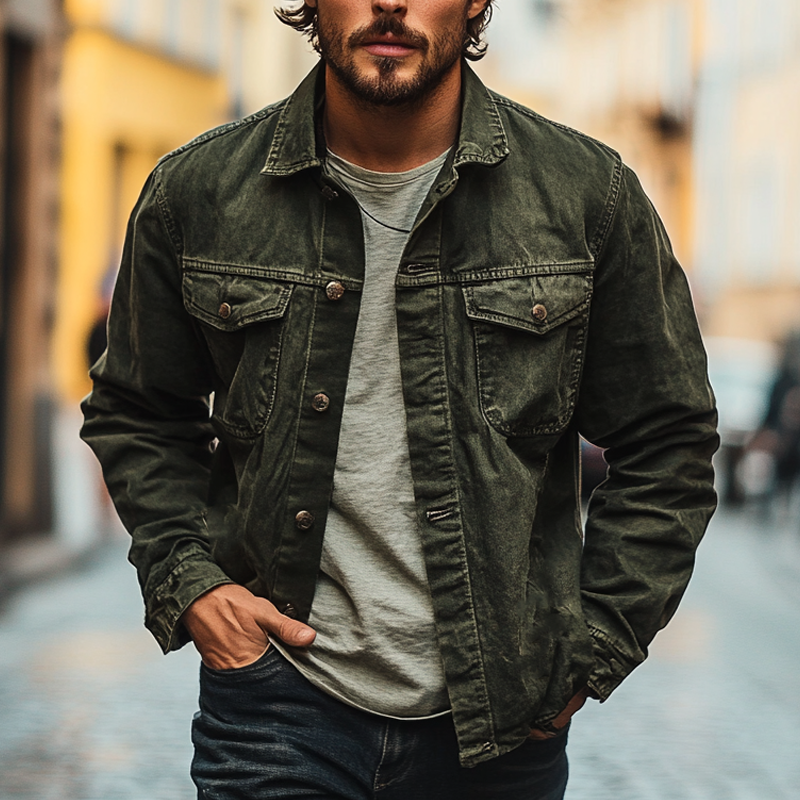 Men's Vintage Solid Color Washed Lapel Western Style Denim Jacket MTA1398I9X
