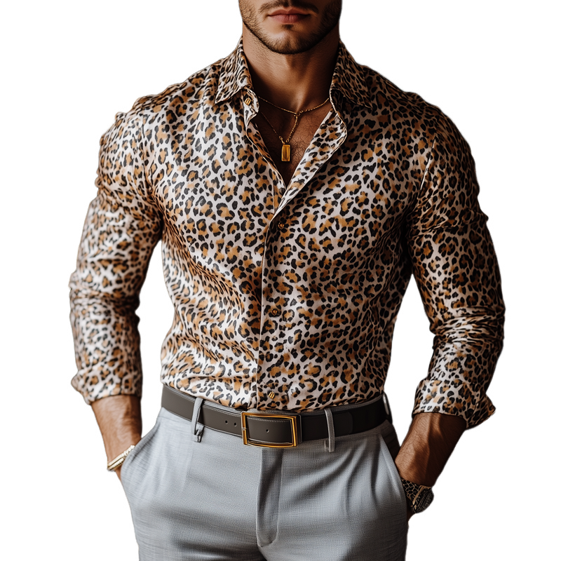 Men's Fashion Leopard Satin Lapel Single Breasted Long Sleeve Shirt 40110430Z