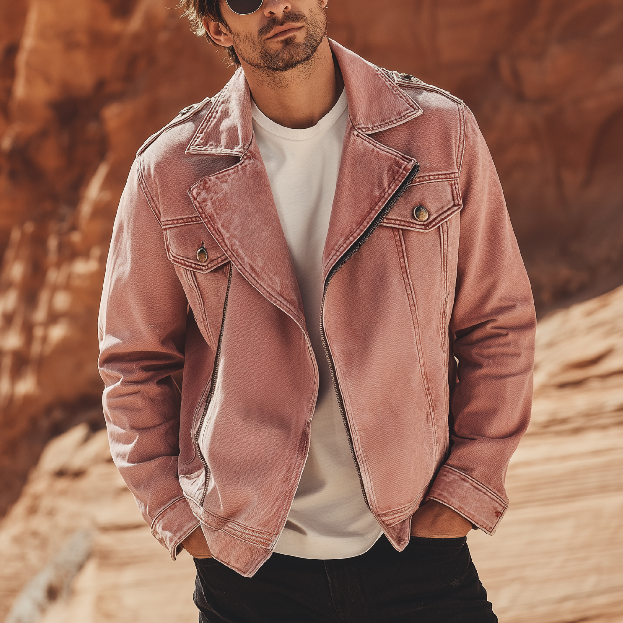 Men's Classic Casual Lapel Pink Washed Denim Zip-up Jacket MTA2193H4K
