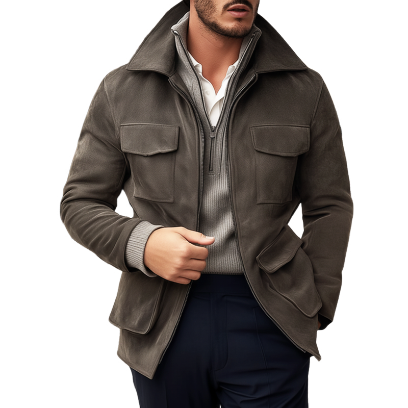 Men's Classic Taupe Suede Multi-Pocket Zipper Jacket MTA0987J3U