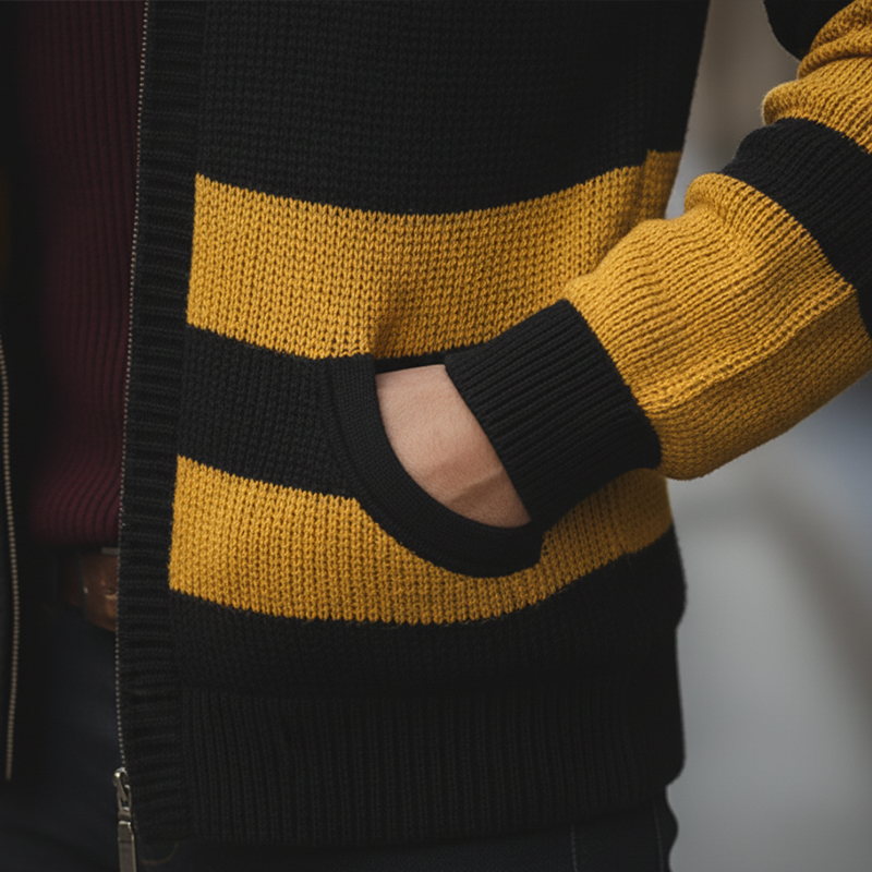 Men's Winter Retro Color Block Cotton Yarn Knitted Hooded Cardigan MTA0349K3P