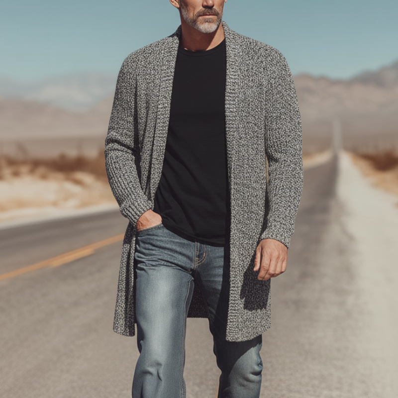 Men's Autumn And Winter Fashion Mixed Color Cotton Yarn Knitted Mid-length Cardigan MTA2355I5P
