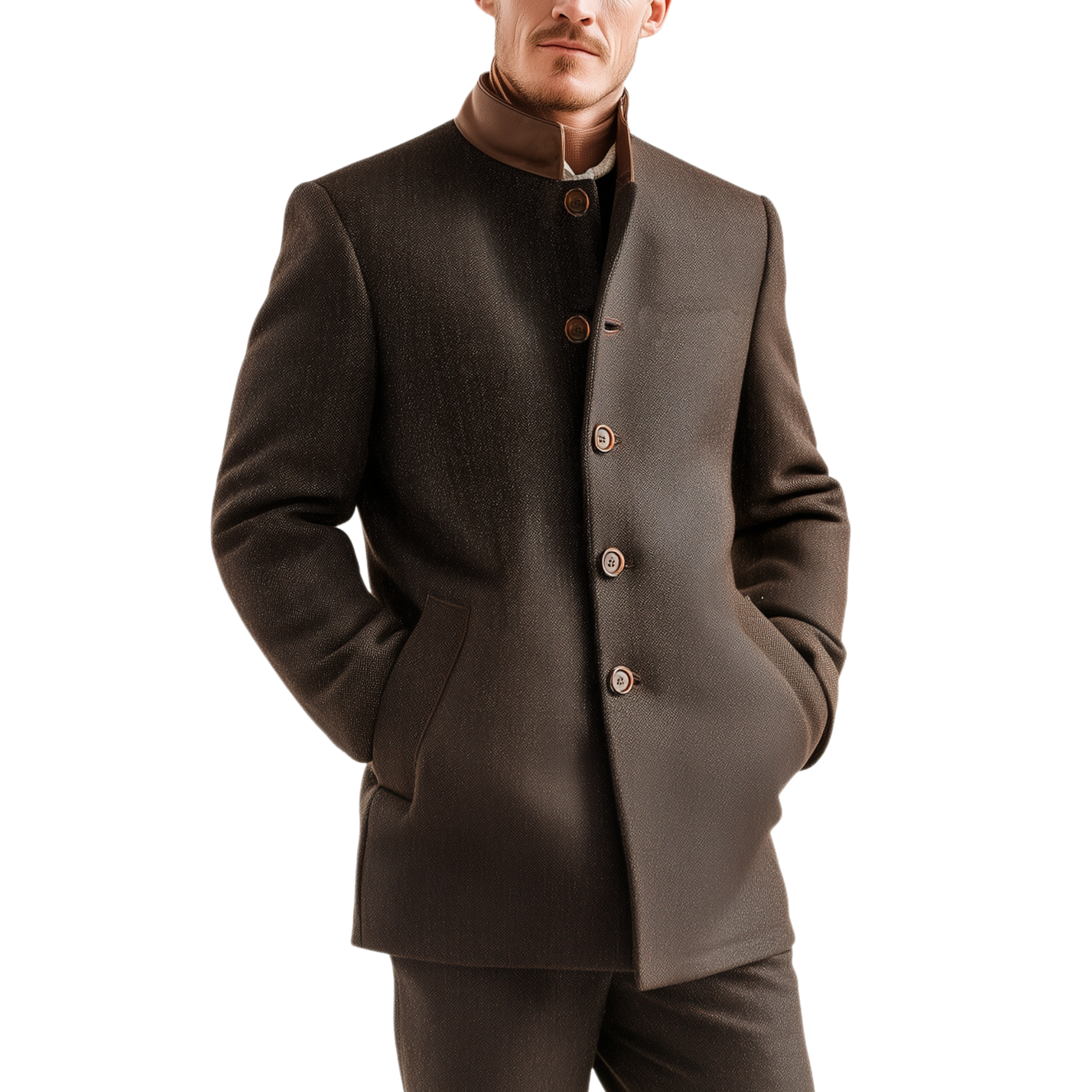 Men's Classic Retro PU Leather Stand Collar Herringbone Woolen Slim Fit Jacket MTA1675I8K