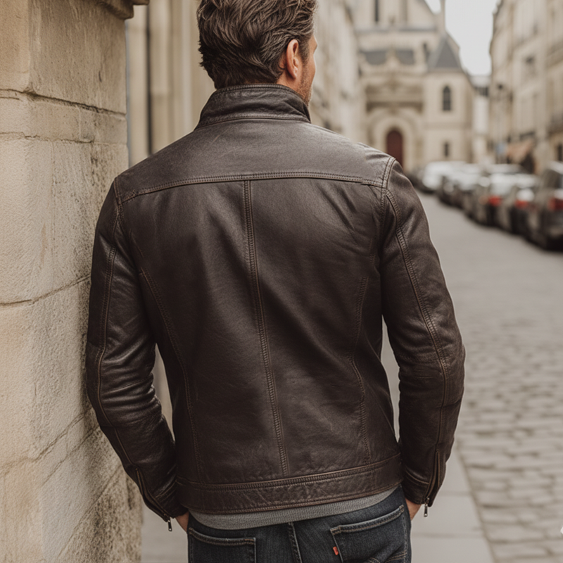 Men's Retro Dark Brown Stand Collar PU Leather Zipper Jacket MTA2954J1U