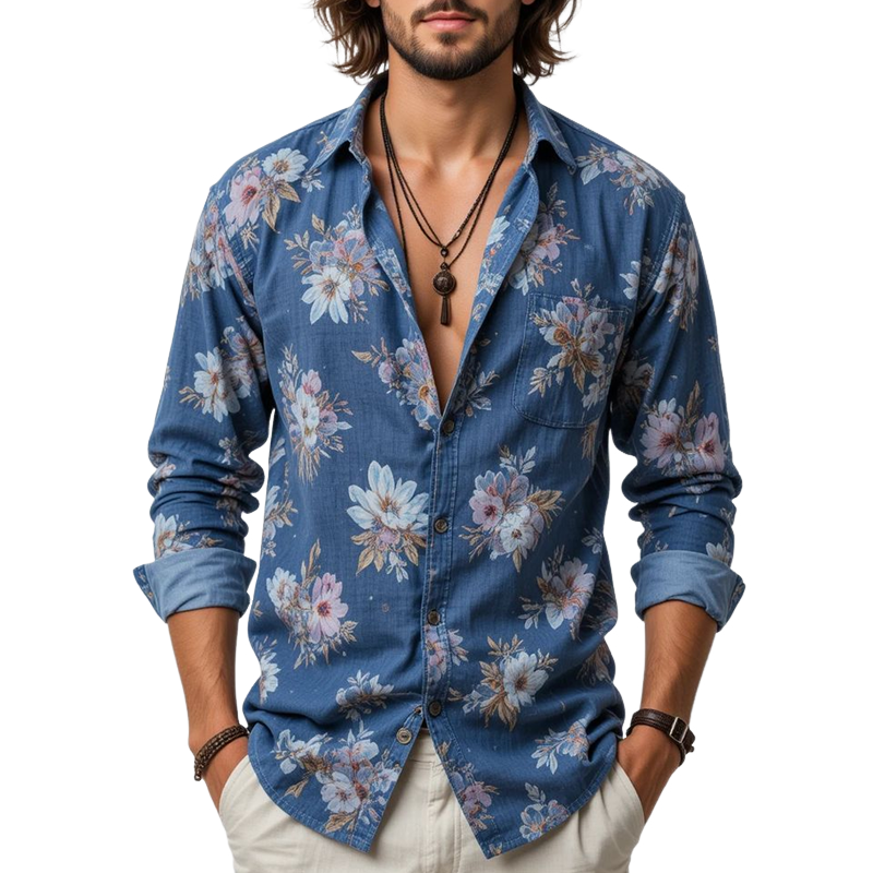 Men's Floral Lapel Long Sleeve Shirt MTA3052G5Z